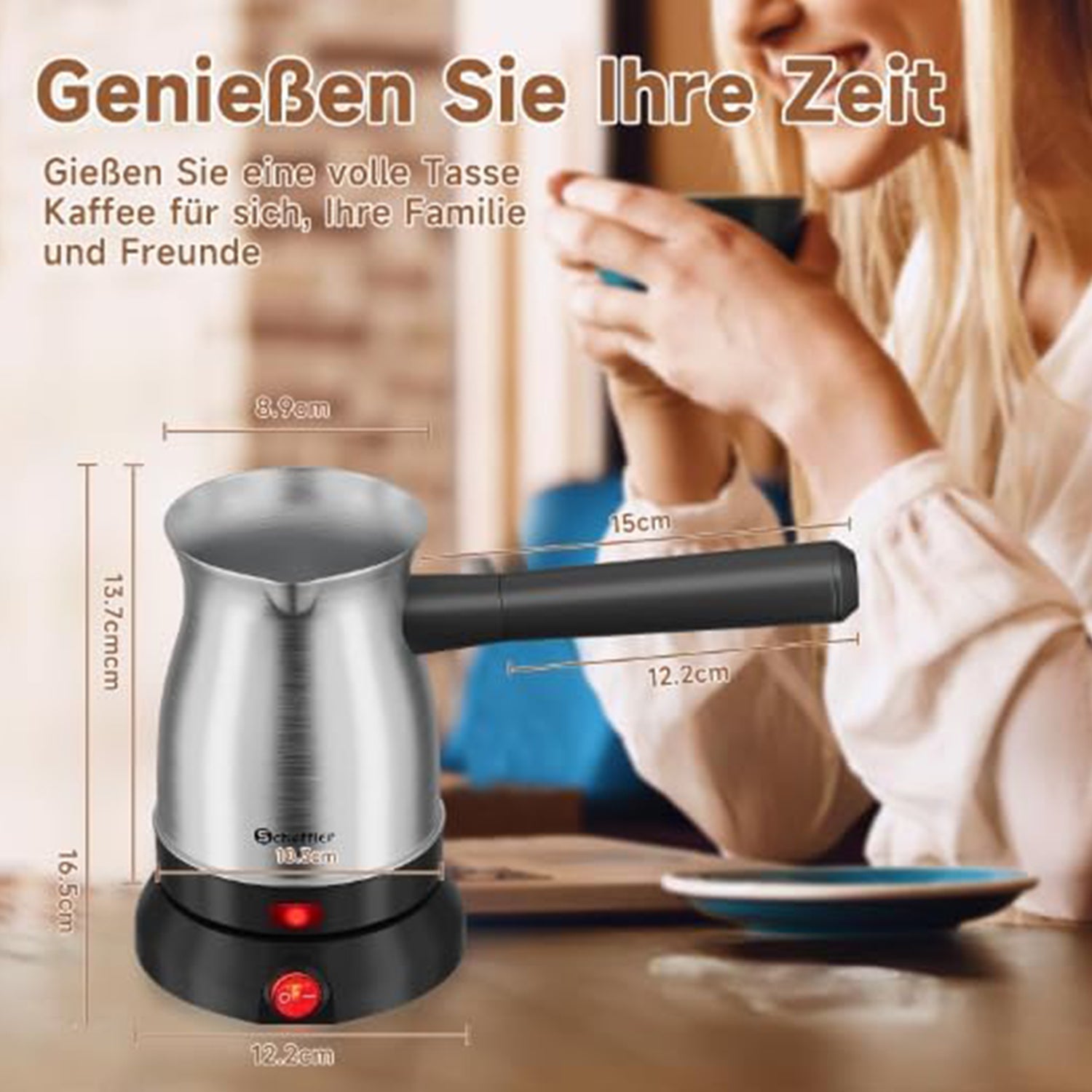 Scheffler Elektrische Türkische Kaffeekanne 800W, Mokkamaschine aus Edelstahl, 500ml Kapazität, kabellose 360° Basis, mit abnehmbarem Griff