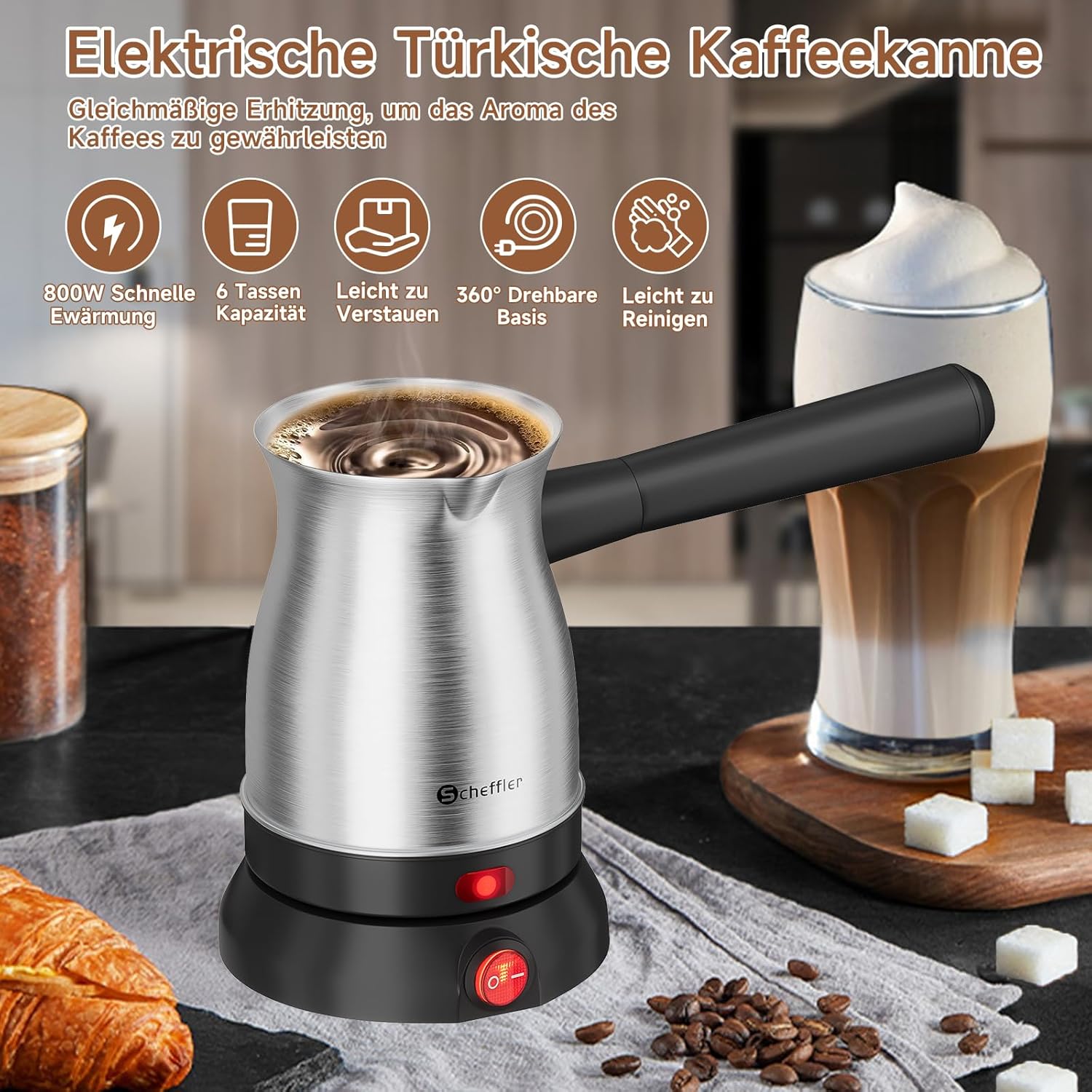 Scheffler Elektrische Türkische Kaffeekanne 800W, Mokkamaschine aus Edelstahl, 500ml Kapazität, kabellose 360° Basis, mit abnehmbarem Griff