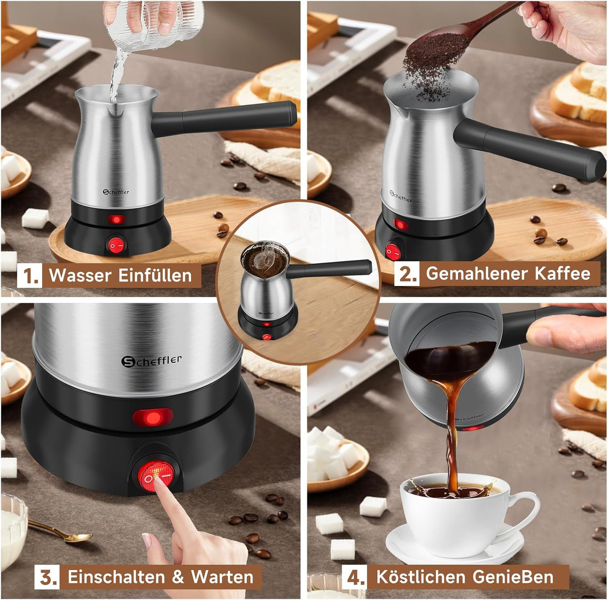 Scheffler Elektrische Türkische Kaffeekanne 800W, Mokkamaschine aus Edelstahl, 500ml Kapazität, kabellose 360° Basis, mit abnehmbarem Griff