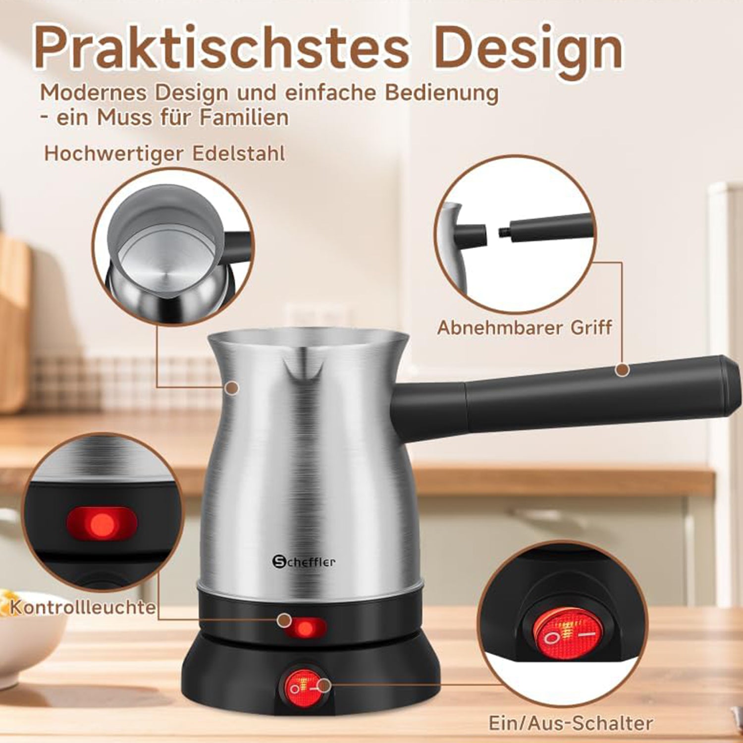 Scheffler Elektrische Türkische Kaffeekanne 800W, Mokkamaschine aus Edelstahl, 500ml Kapazität, kabellose 360° Basis, mit abnehmbarem Griff