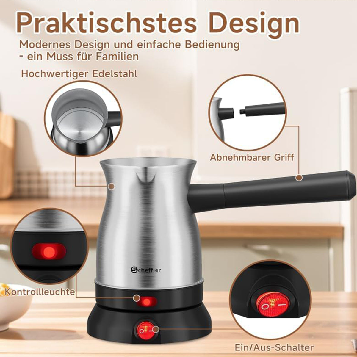 Scheffler Elektrische Türkische Kaffeekanne 800W, Mokkamaschine aus Edelstahl, 500ml Kapazität, kabellose 360° Basis, mit abnehmbarem Griff