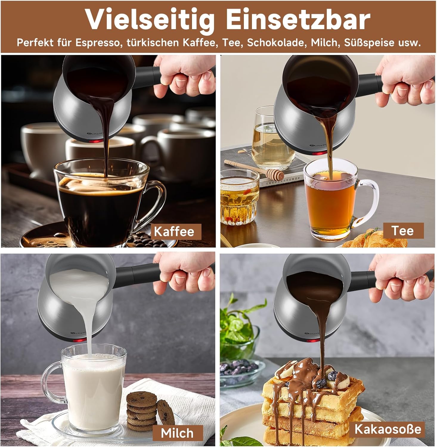 Scheffler Elektrische Türkische Kaffeekanne 800W, Mokkamaschine aus Edelstahl, 500ml Kapazität, kabellose 360° Basis, mit abnehmbarem Griff