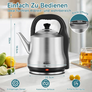 Scheffler XXL Retro Wasserkocher 6 Liter, 1800W Edelstahl Teekocher Kabellos, Schnellkochfunktion, BPA-frei, Filter & Auto-Off