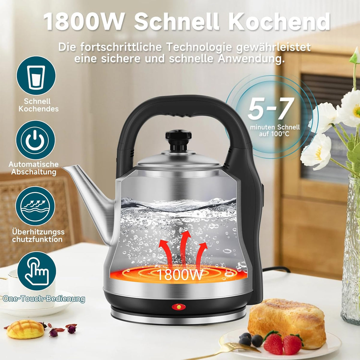 Scheffler XXL Retro Wasserkocher 6 Liter, 1800W Edelstahl Teekocher Kabellos, Schnellkochfunktion, BPA-frei, Filter & Auto-Off