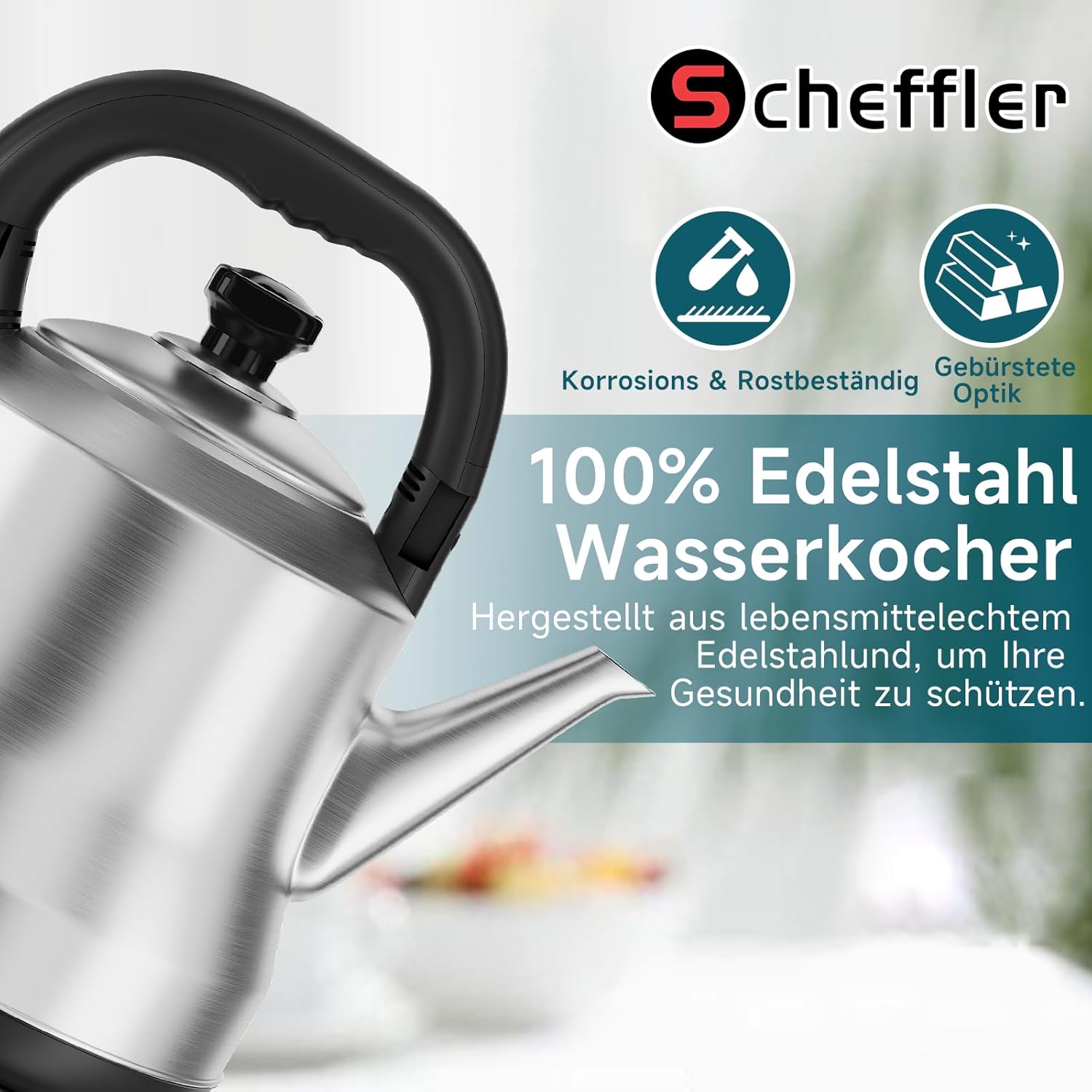Scheffler XXL Retro Wasserkocher 6 Liter, 1800W Edelstahl Teekocher Kabellos, Schnellkochfunktion, BPA-frei, Filter & Auto-Off