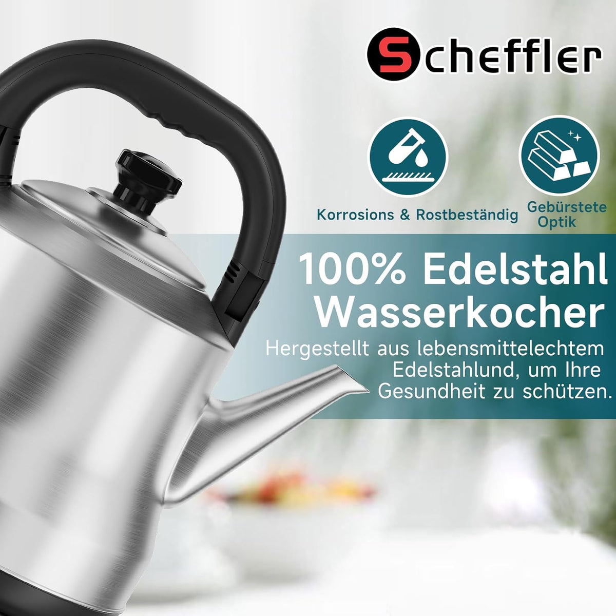 Scheffler XXL Retro Wasserkocher 6 Liter, 1800W Edelstahl Teekocher Kabellos, Schnellkochfunktion, BPA-frei, Filter & Auto-Off