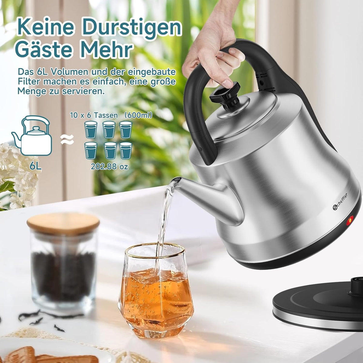 Scheffler XXL Retro Wasserkocher 6 Liter, 1800W Edelstahl Teekocher Kabellos, Schnellkochfunktion, BPA-frei, Filter & Auto-Off