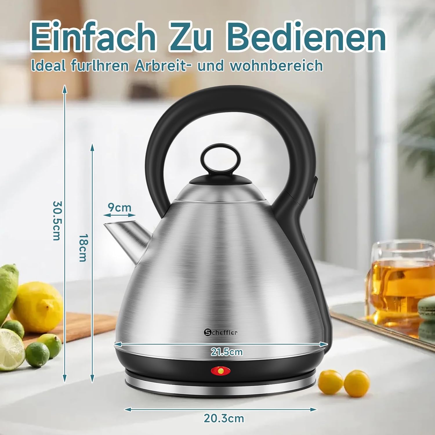 Scheffler Vintage Edelstahl-Wasserkocher 3,5L Kapazität 1800 Watt  Kabelloser Teekessel mit 360° Drehbasis & Auto-Abschaltung