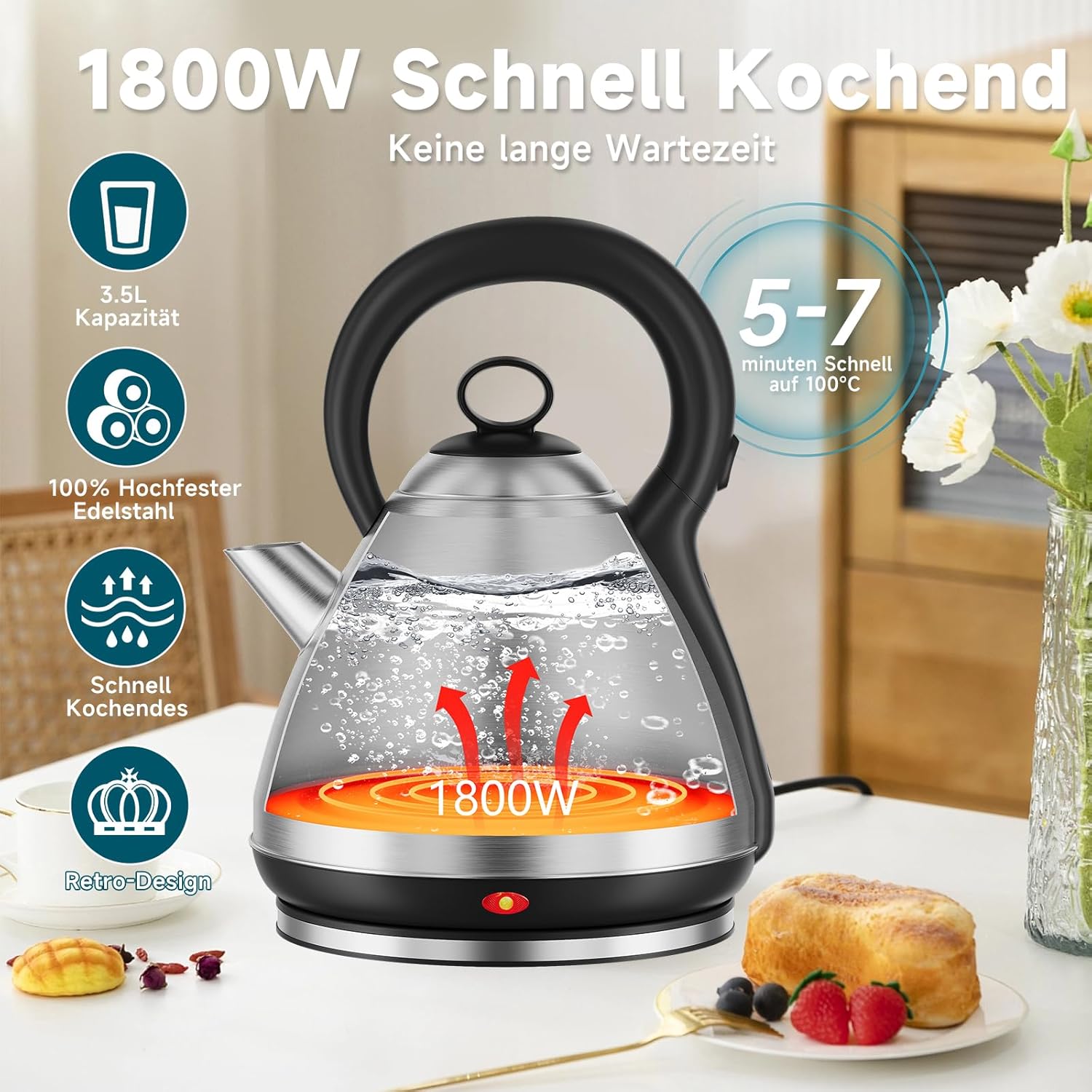 Scheffler Vintage Edelstahl-Wasserkocher 3,5L Kapazität 1800 Watt  Kabelloser Teekessel mit 360° Drehbasis & Auto-Abschaltung