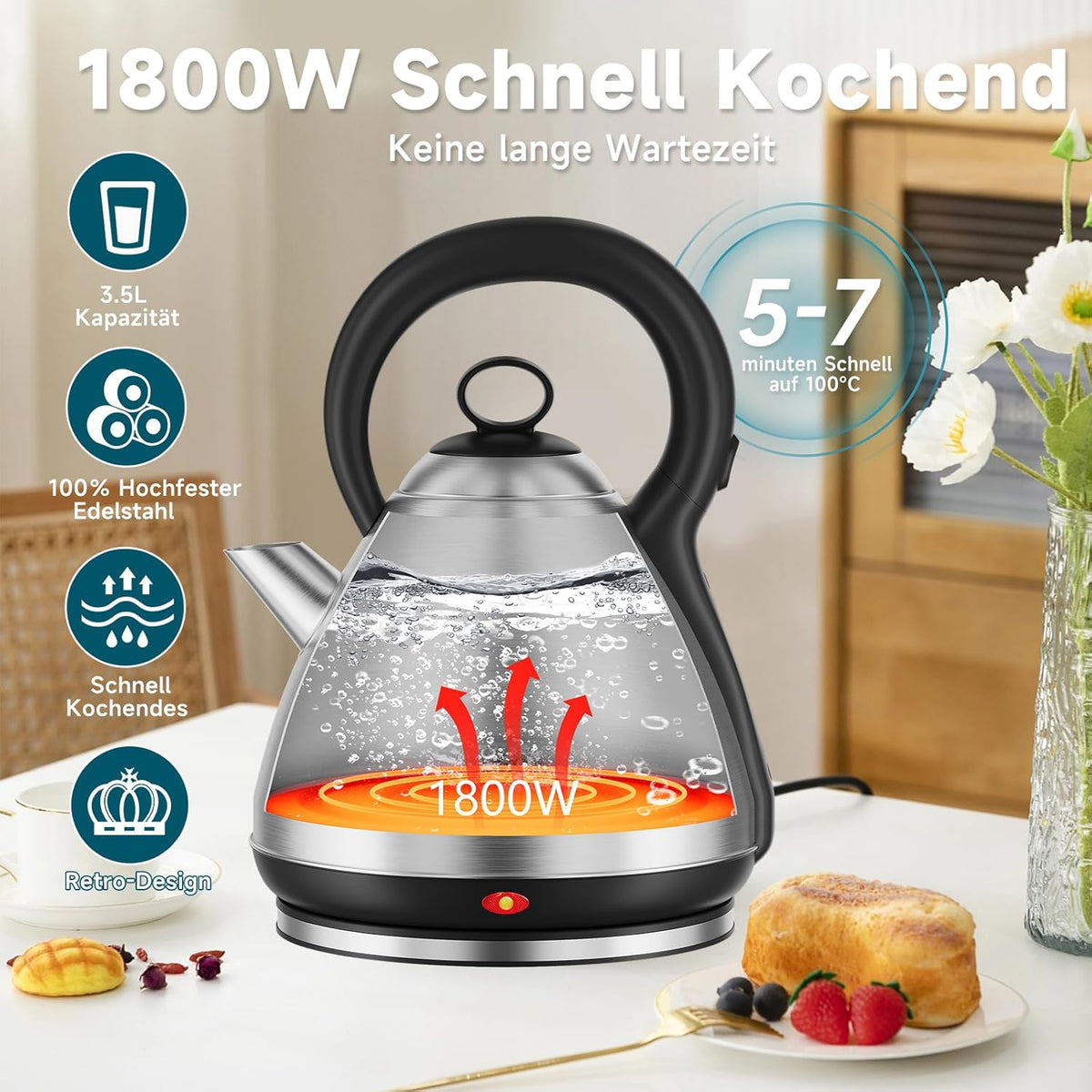 Scheffler Vintage Edelstahl-Wasserkocher 3,5L Kapazität 1800 Watt  Kabelloser Teekessel mit 360° Drehbasis & Auto-Abschaltung
