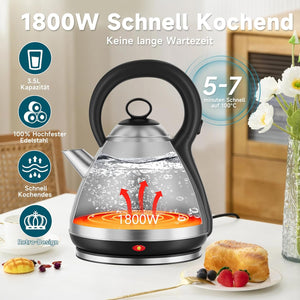 Scheffler Vintage Edelstahl-Wasserkocher 3,5L Kapazität 1800 Watt  Kabelloser Teekessel mit 360° Drehbasis & Auto-Abschaltung