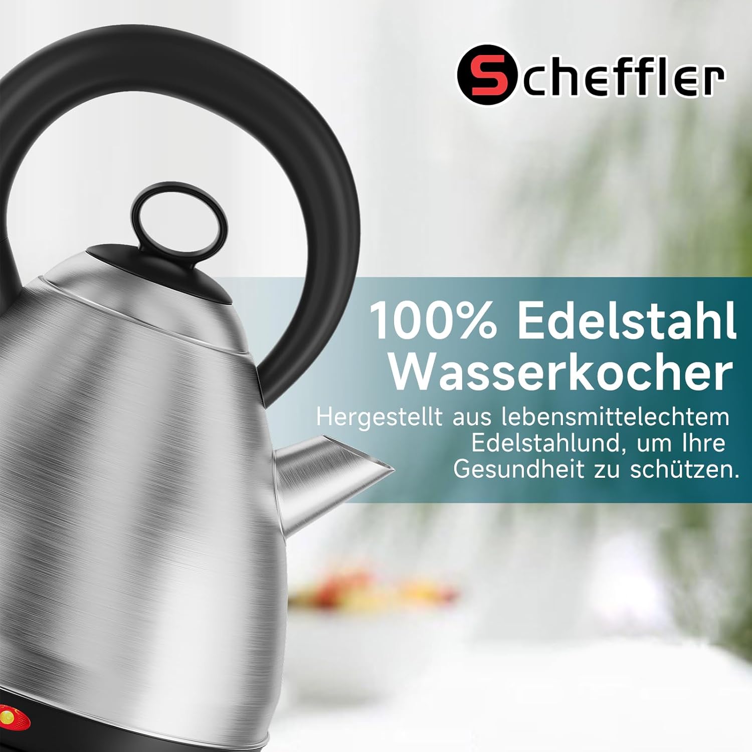Scheffler Vintage Edelstahl-Wasserkocher 3,5L Kapazität 1800 Watt  Kabelloser Teekessel mit 360° Drehbasis & Auto-Abschaltung
