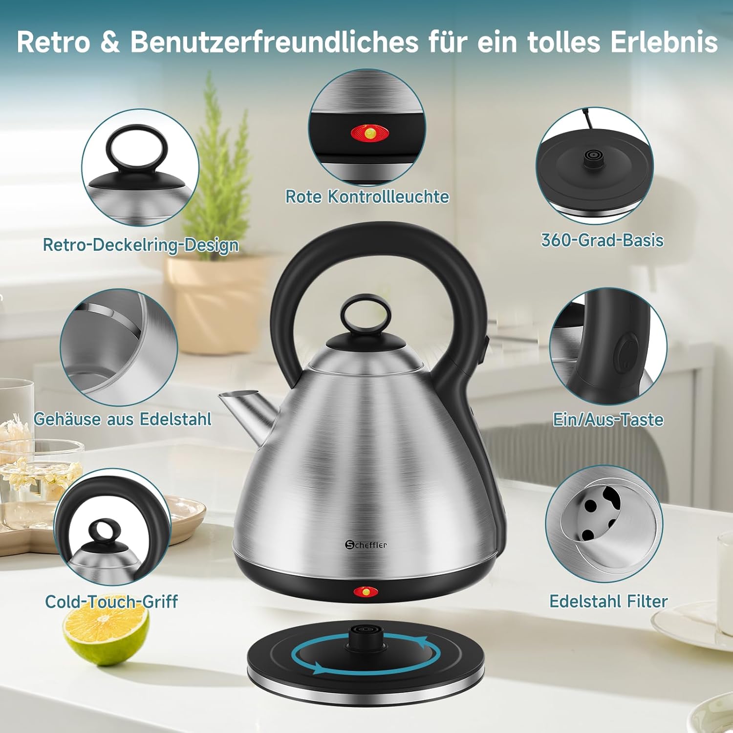 Scheffler Vintage Edelstahl-Wasserkocher 3,5L Kapazität 1800 Watt  Kabelloser Teekessel mit 360° Drehbasis & Auto-Abschaltung