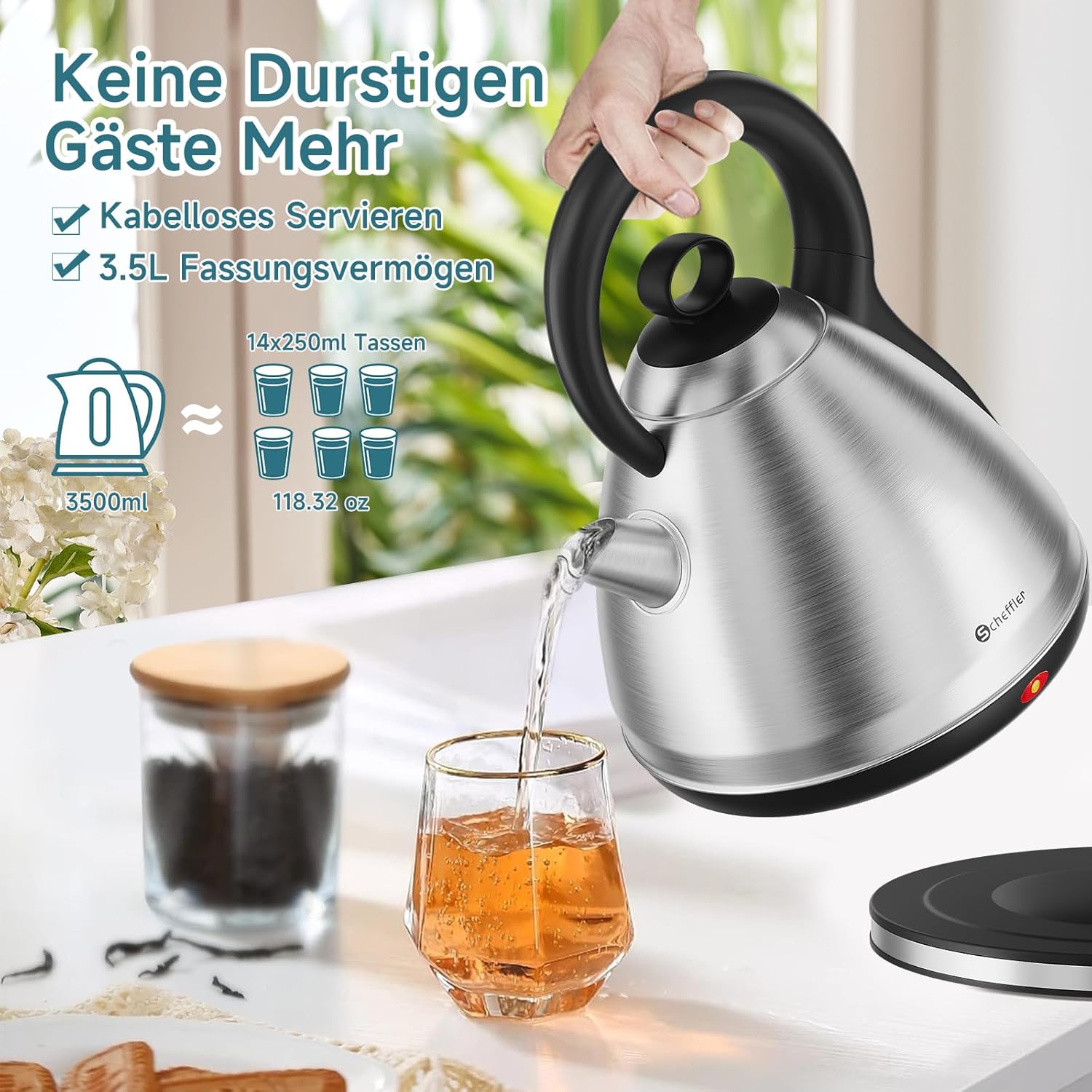Scheffler Vintage Edelstahl-Wasserkocher 3,5L Kapazität 1800 Watt  Kabelloser Teekessel mit 360° Drehbasis & Auto-Abschaltung