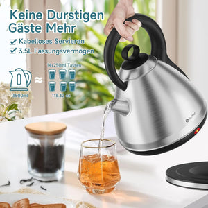 Scheffler Vintage Edelstahl-Wasserkocher 3,5L Kapazität 1800 Watt  Kabelloser Teekessel mit 360° Drehbasis & Auto-Abschaltung