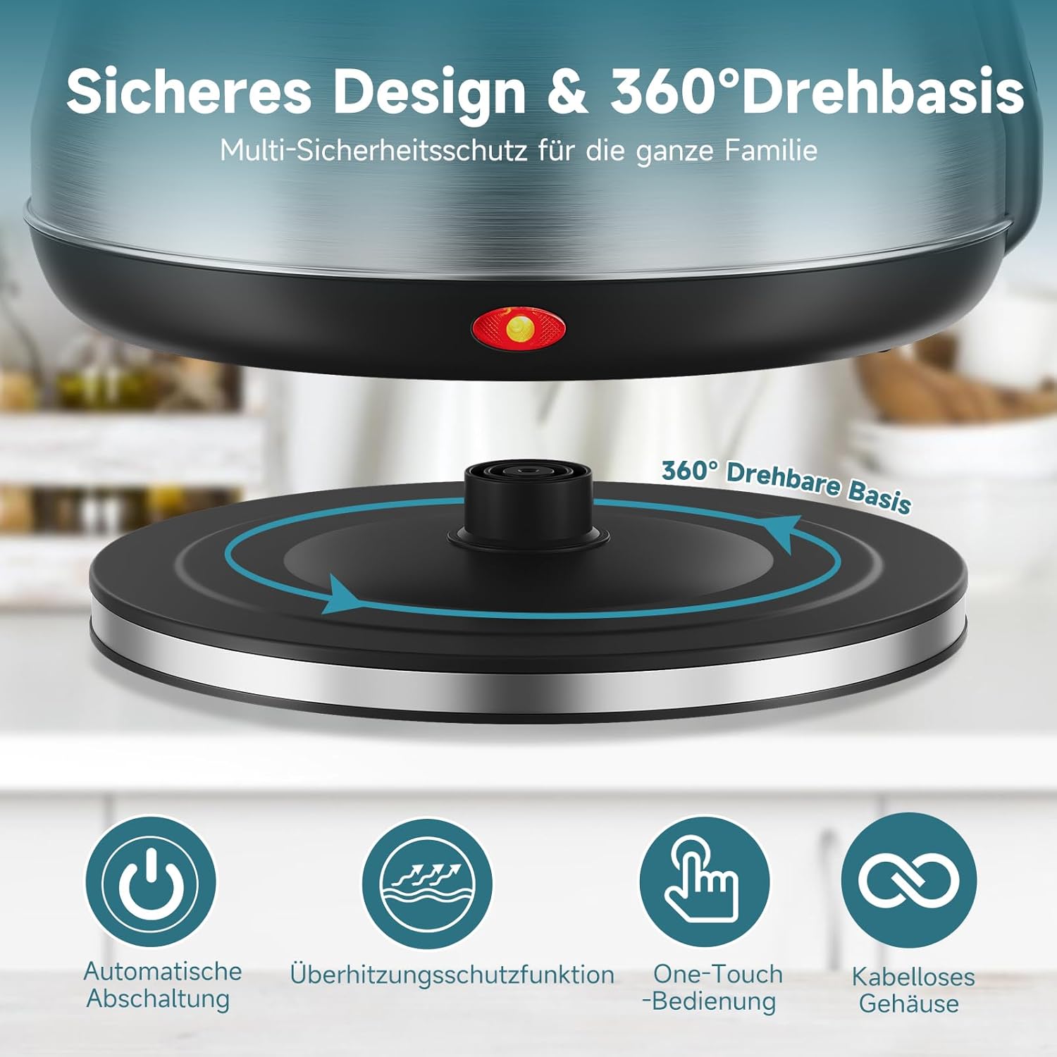 Scheffler Vintage Edelstahl-Wasserkocher 3,5L Kapazität 1800 Watt  Kabelloser Teekessel mit 360° Drehbasis & Auto-Abschaltung