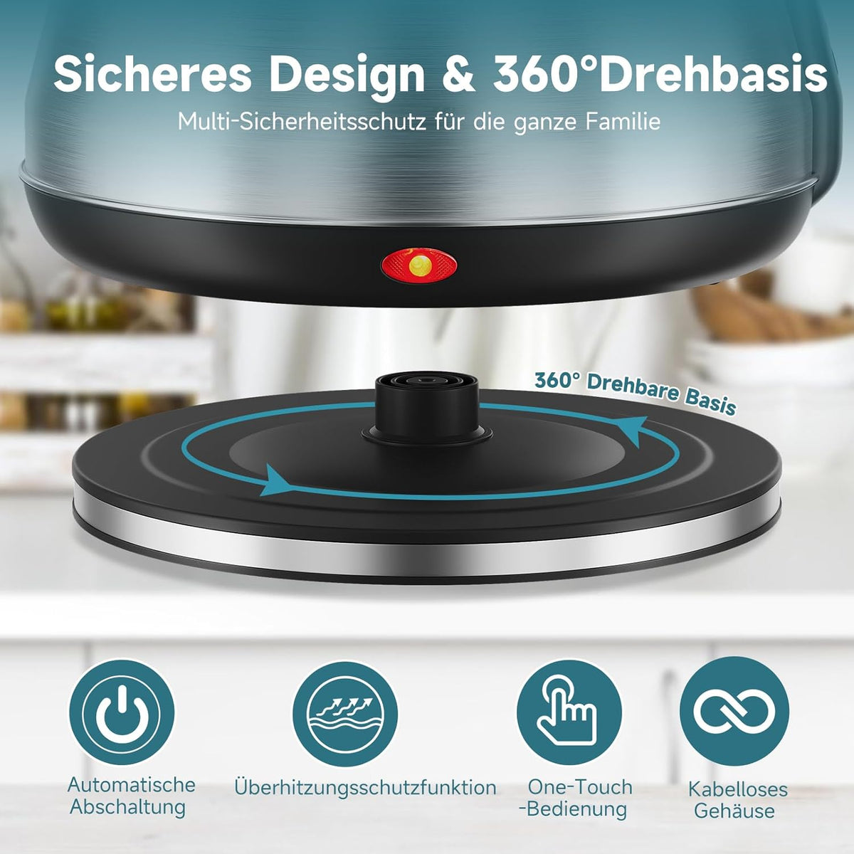 Scheffler Vintage Edelstahl-Wasserkocher 3,5L Kapazität 1800 Watt  Kabelloser Teekessel mit 360° Drehbasis & Auto-Abschaltung