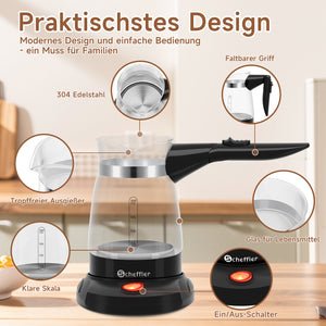Elektrischer Türkischer Kaffeekocher 600W 0,5L Glas Mokkakocher Espressokocher