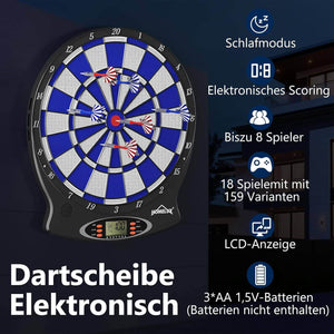 Elektronische Dartscheibe Profi, Elektronisch Dartboard mit 6 Darts + 60 Dartköpfe , innovativer Dartautomat mit 18 Spielen & 159 Variationen