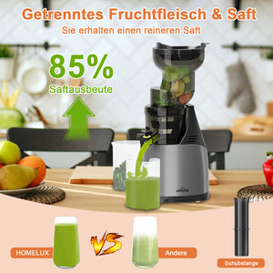 HOMELUX Slow Juicer Entsafter, 140mm XXL Einfüllschacht für ganze Früchte, 150W Kaltpresse Saftpresse, Hohe Saftausbeute