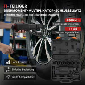 11-teilig Drehmomentvervielfältiger 4800 Nm 1:64 Drehmomentverstärker Radmutternschlüssel Lkw Werkzeug-Set mit Koffer