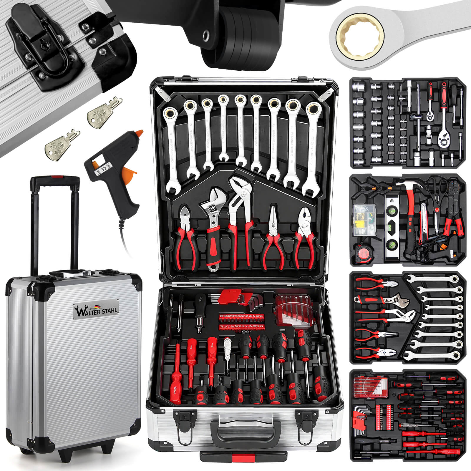 Werkzeugkoffer gefüllt 409 tlg | Werkzeugkasten | Aluminiumkoffer | Werkzeug Set | für Werkstatt und Haushalt, inkl.Schraubenschlüssel, Zangen etc