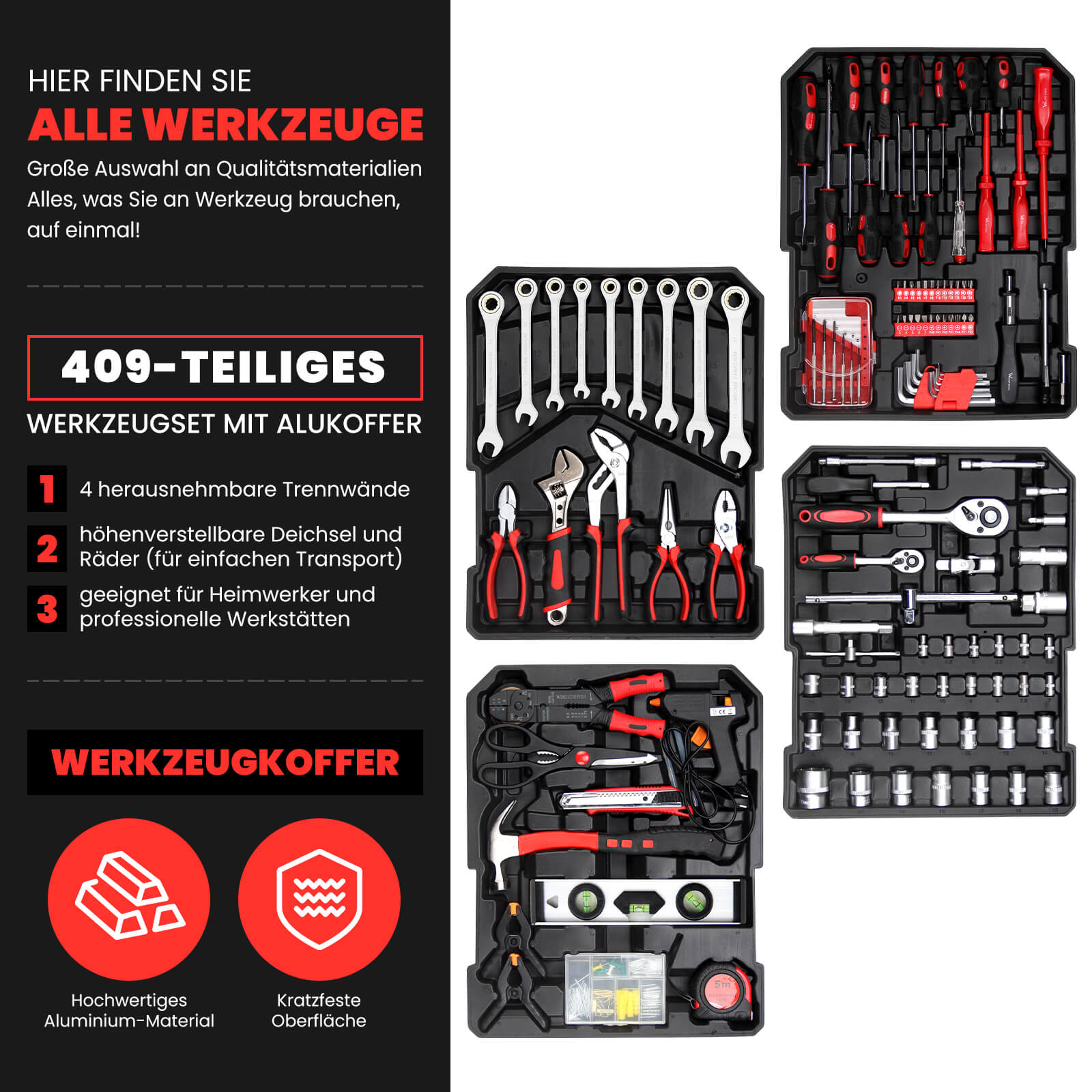 Werkzeugkoffer gefüllt 409 tlg | Werkzeugkasten | Aluminiumkoffer | Werkzeug Set | für Werkstatt und Haushalt, inkl.Schraubenschlüssel, Zangen etc