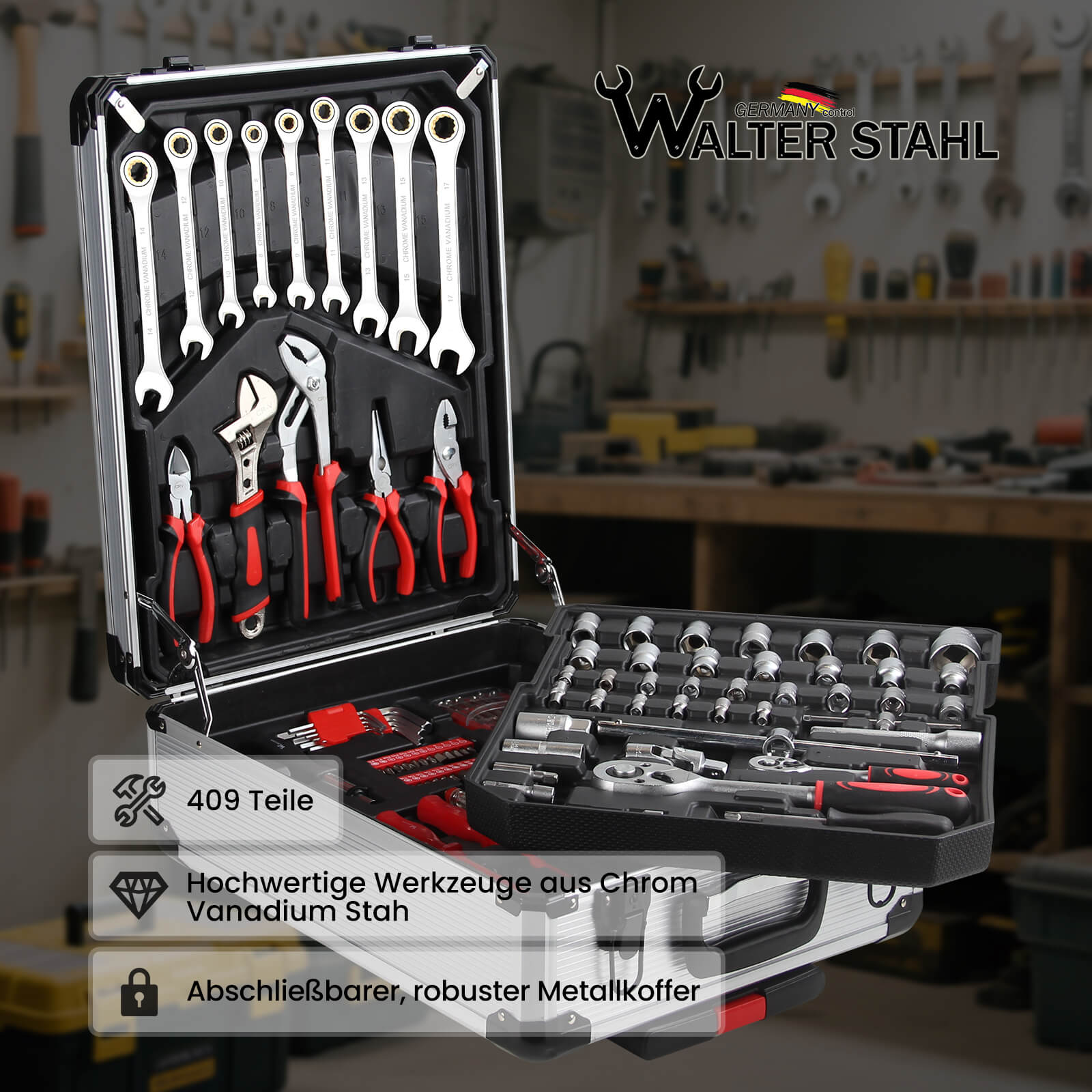 Werkzeugkoffer gefüllt 409 tlg | Werkzeugkasten | Aluminiumkoffer | Werkzeug Set | für Werkstatt und Haushalt, inkl.Schraubenschlüssel, Zangen etc