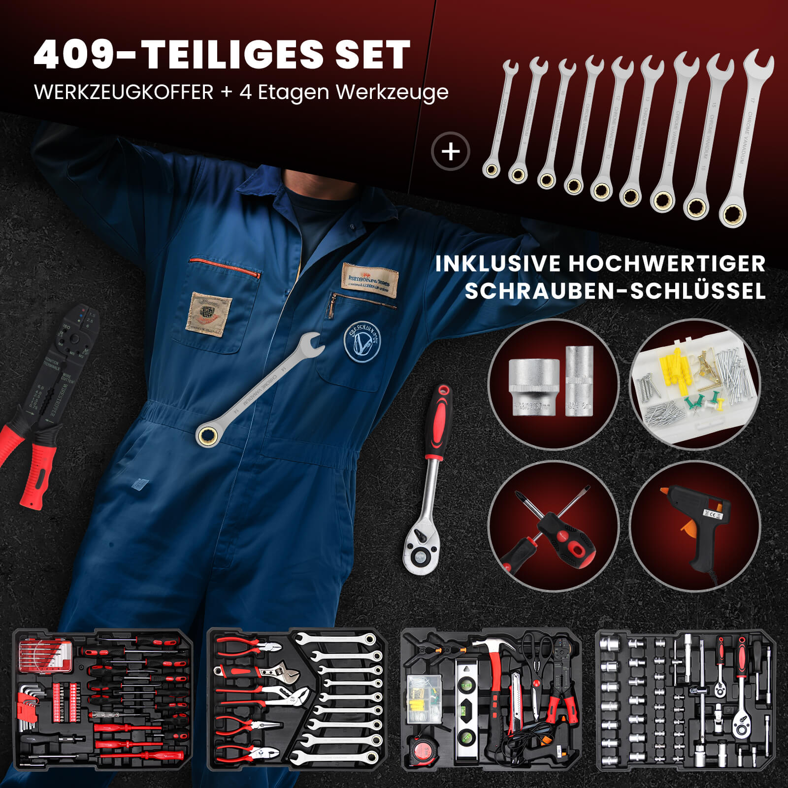 Werkzeugkoffer gefüllt 409 tlg | Werkzeugkasten | Aluminiumkoffer | Werkzeug Set | für Werkstatt und Haushalt, inkl.Schraubenschlüssel, Zangen etc