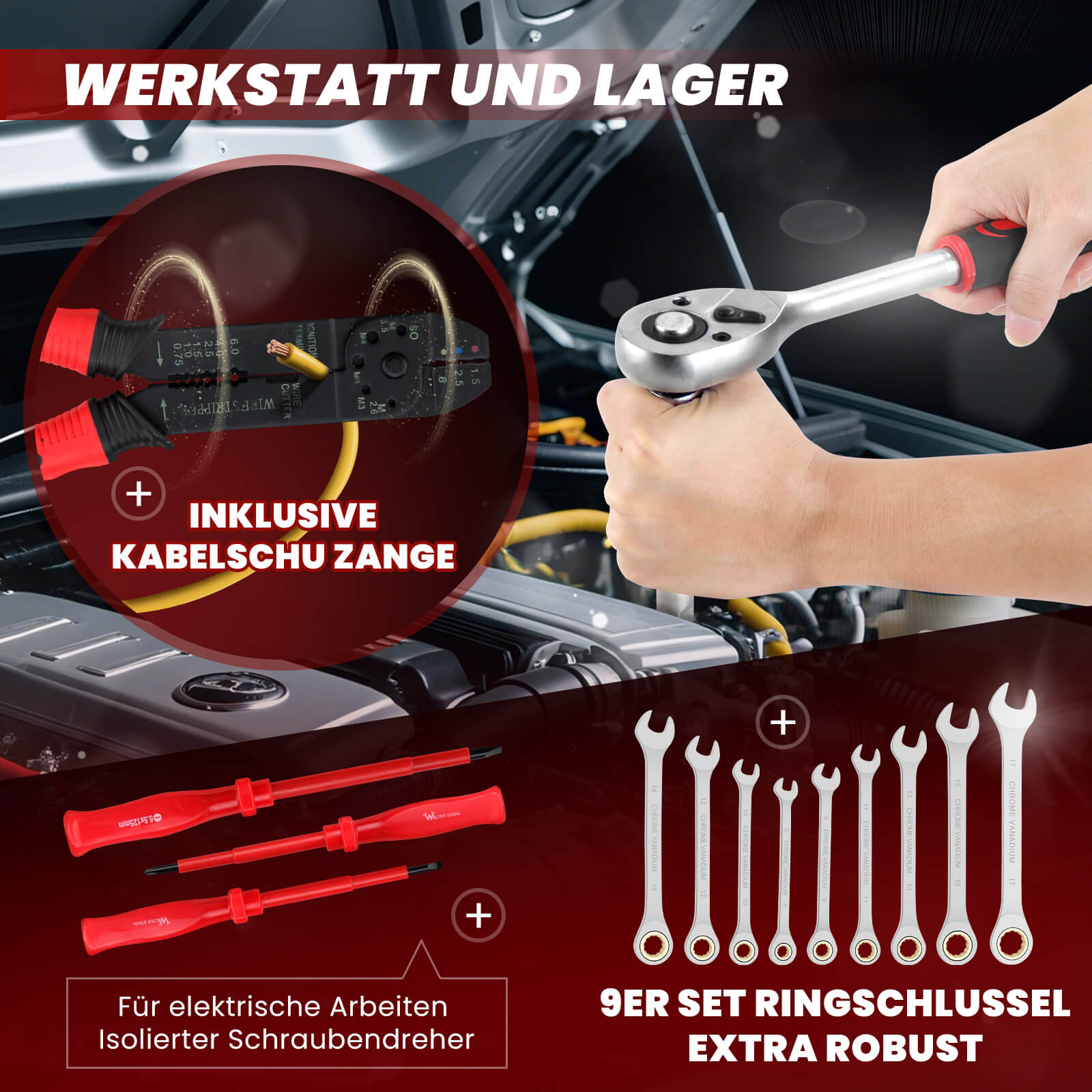 Werkzeugkoffer gefüllt 409 tlg | Werkzeugkasten | Aluminiumkoffer | Werkzeug Set | für Werkstatt und Haushalt, inkl.Schraubenschlüssel, Zangen etc