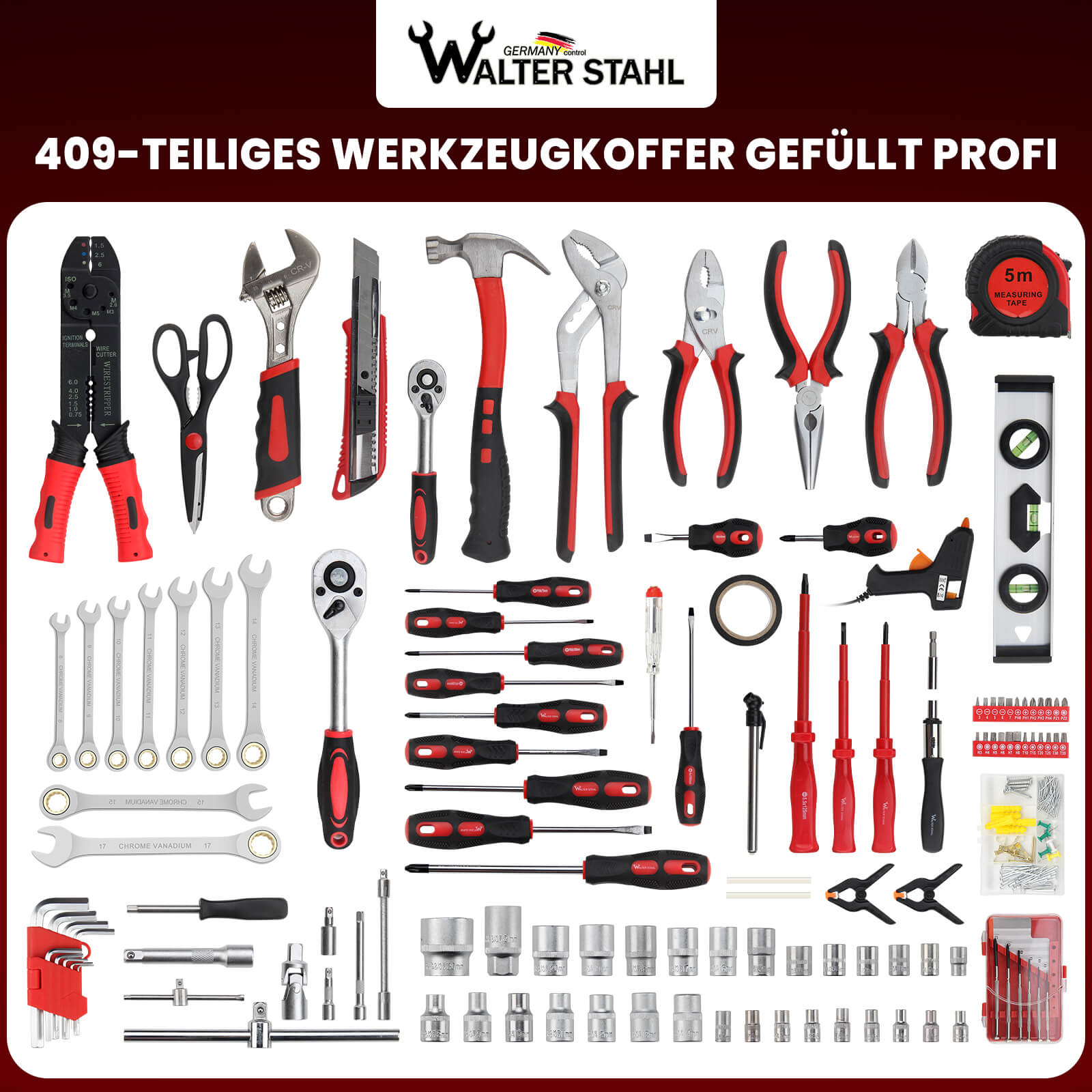 Werkzeugkoffer gefüllt 409 tlg | Werkzeugkasten | Aluminiumkoffer | Werkzeug Set | für Werkstatt und Haushalt, inkl.Schraubenschlüssel, Zangen etc