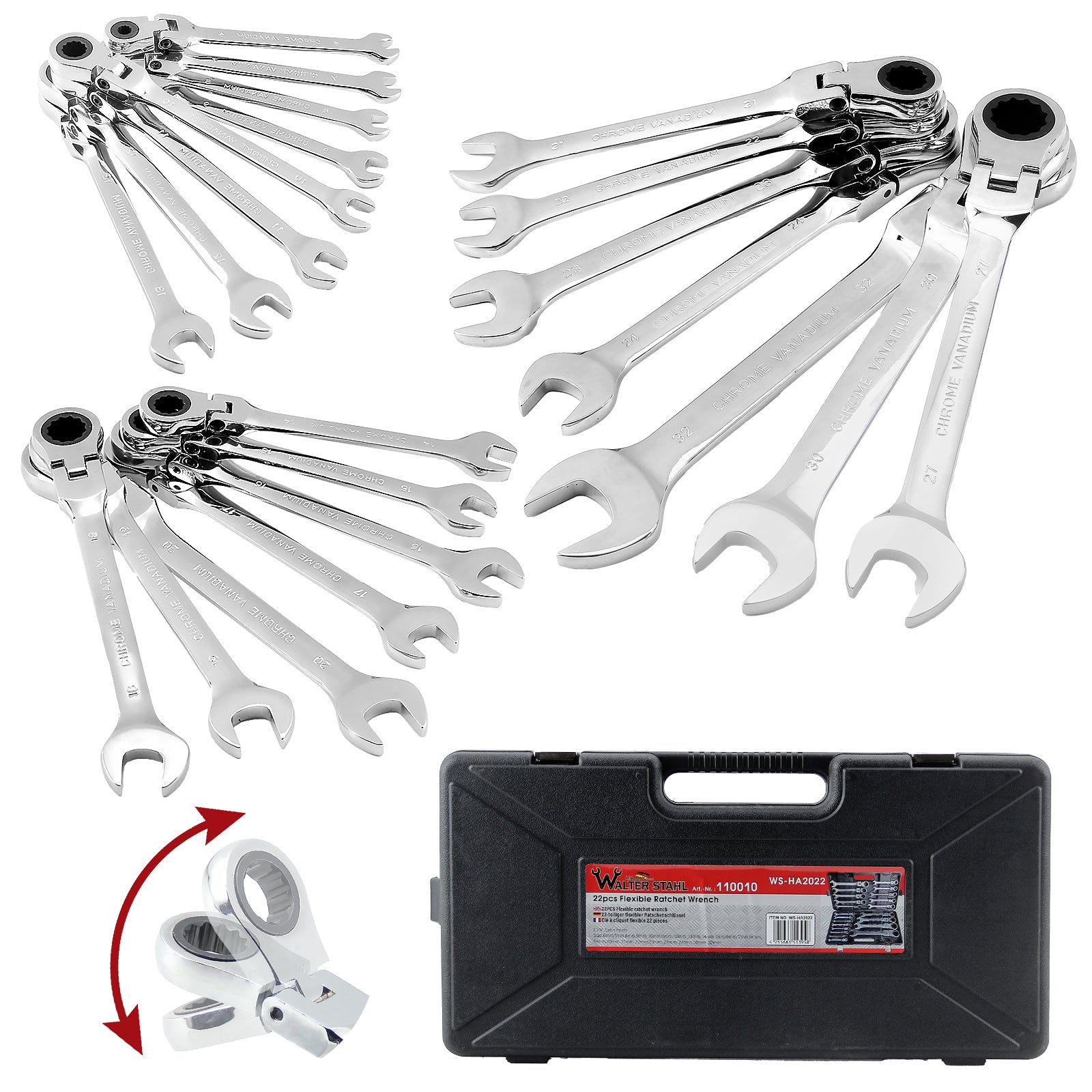 22-teiliges Gelenk-Ratschenschlüssel-Set 180° flexibler Kopf, 72 Zähne, Chrom-Vanadium, 6-32 mm, mit Werkzeugkoffer