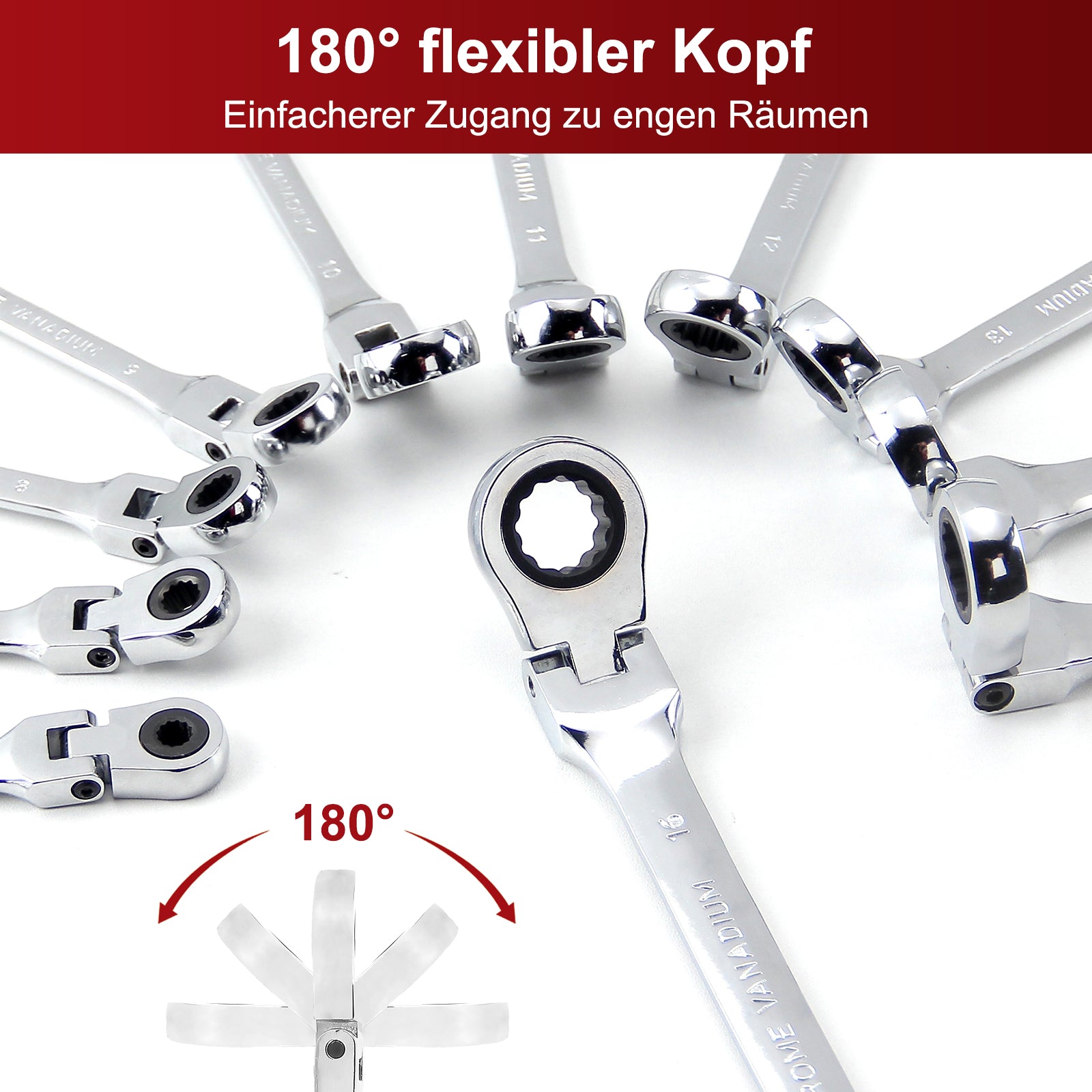 22-teiliges Gelenk-Ratschenschlüssel-Set 180° flexibler Kopf, 72 Zähne, Chrom-Vanadium, 6-32 mm, mit Werkzeugkoffer
