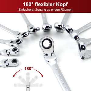 22-teiliges Gelenk-Ratschenschlüssel-Set 180° flexibler Kopf, 72 Zähne, Chrom-Vanadium, 6-32 mm, mit Werkzeugkoffer
