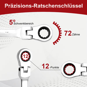 22-teiliges Gelenk-Ratschenschlüssel-Set 180° flexibler Kopf, 72 Zähne, Chrom-Vanadium, 6-32 mm, mit Werkzeugkoffer