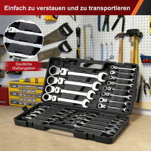 22-teiliges Gelenk-Ratschenschlüssel-Set 180° flexibler Kopf, 72 Zähne, Chrom-Vanadium, 6-32 mm, mit Werkzeugkoffer