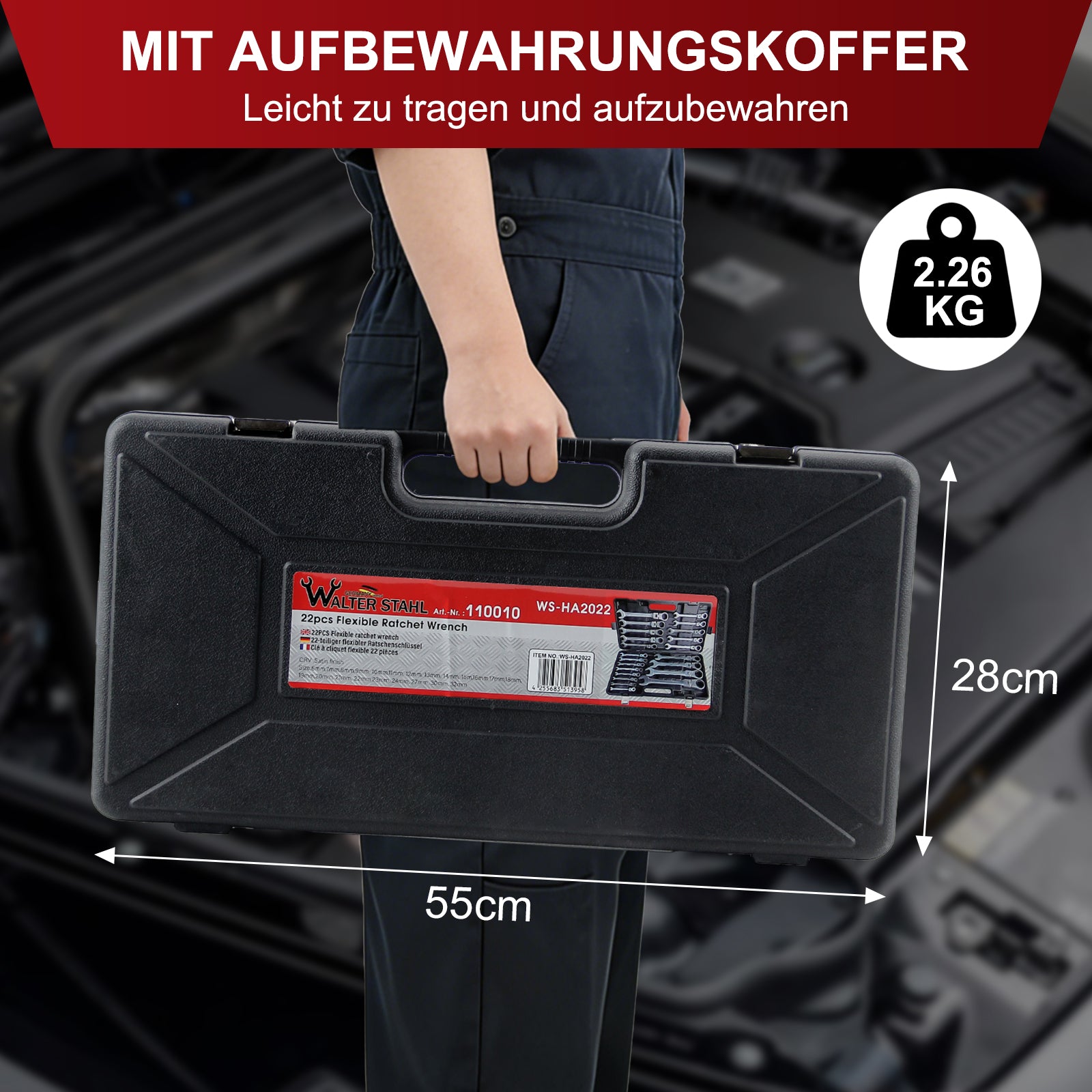 22-teiliges Gelenk-Ratschenschlüssel-Set 180° flexibler Kopf, 72 Zähne, Chrom-Vanadium, 6-32 mm, mit Werkzeugkoffer