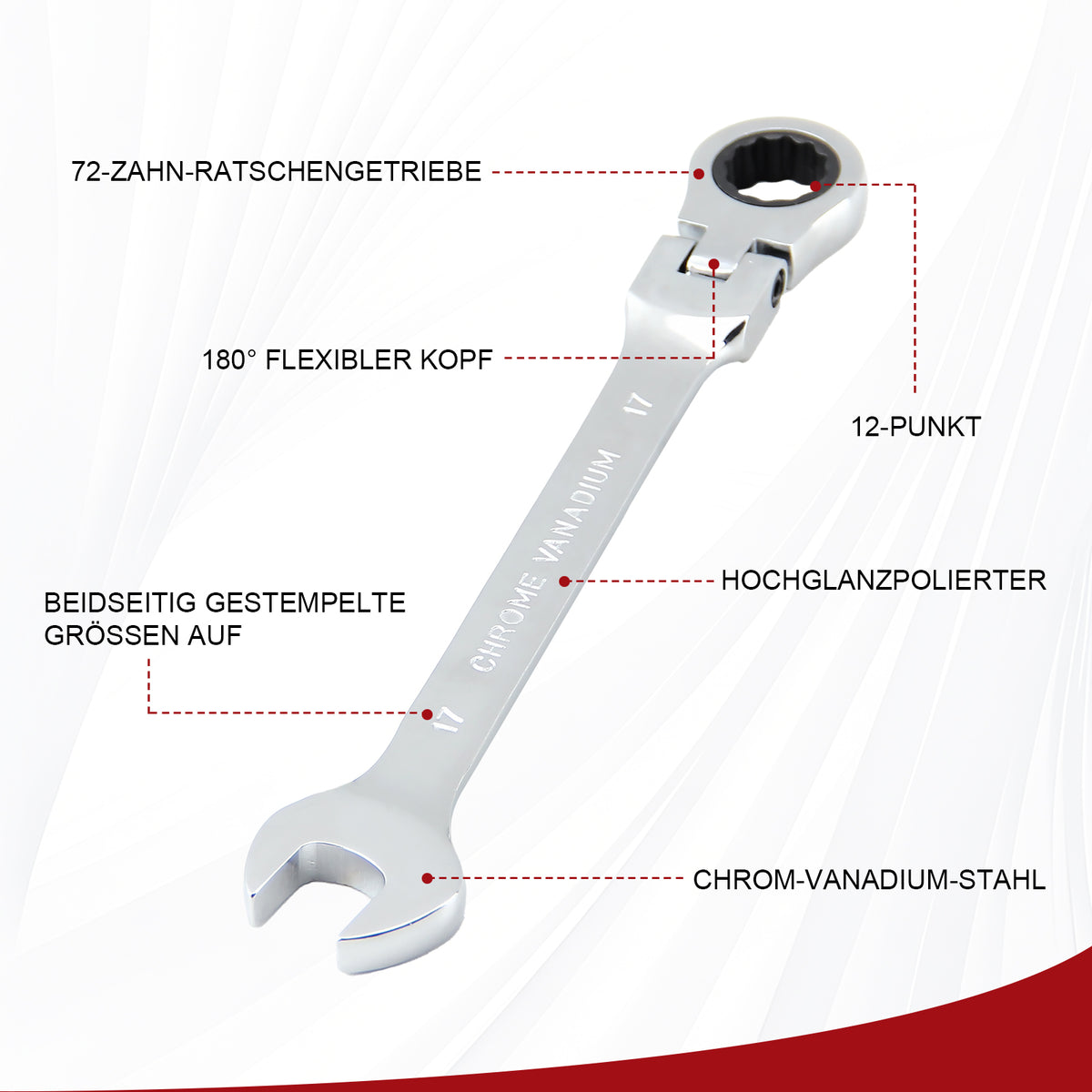 22-teiliges Gelenk-Ratschenschlüssel-Set 180° flexibler Kopf, 72 Zähne, Chrom-Vanadium, 6-32 mm, mit Werkzeugkoffer
