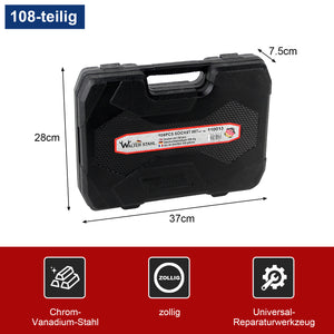 108-teiliger Steckschlüsselsatz Chrom-Vanadium-Stahl Knarrenkasten Ratschenkasten mit Werkzeugkoffer 1/4 und 1/2 Zoll