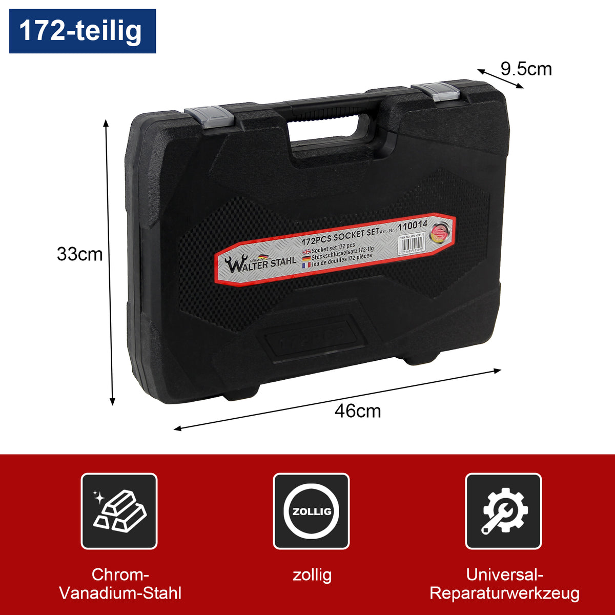 172-teiliger Steckschlüsselsatz zollig, Chrom-Vanadium-Stahl Knarrenkasten mit 1/4, 3/8 & 1/2 Zoll Ratschen im Werkzeugkoffer