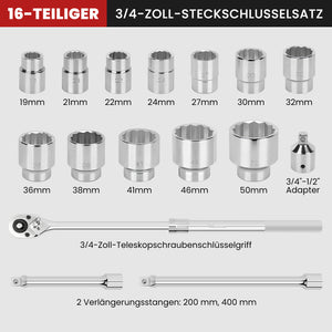 16-teiliger 3/4 Zoll Steckschlüsselsatz CR-V Stahl, Teleskop-Ratsche, 12-Kant Nüsse 19-50mm, Koffer für LKW Kfz-Reparaturen