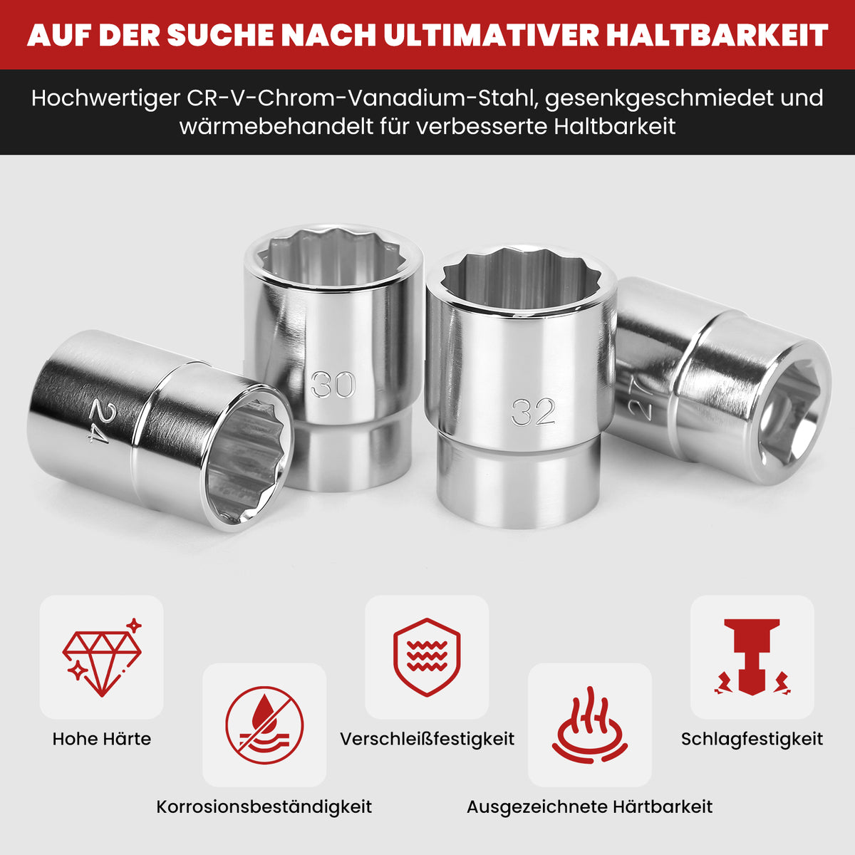 16-teiliger 3/4 Zoll Steckschlüsselsatz CR-V Stahl, Teleskop-Ratsche, 12-Kant Nüsse 19-50mm, Koffer für LKW Kfz-Reparaturen
