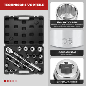 16-teiliger 3/4 Zoll Steckschlüsselsatz CR-V Stahl, Teleskop-Ratsche, 12-Kant Nüsse 19-50mm, Koffer für LKW Kfz-Reparaturen