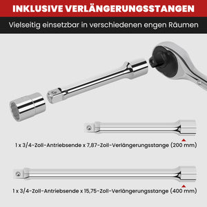 16-teiliger 3/4 Zoll Steckschlüsselsatz CR-V Stahl, Teleskop-Ratsche, 12-Kant Nüsse 19-50mm, Koffer für LKW Kfz-Reparaturen