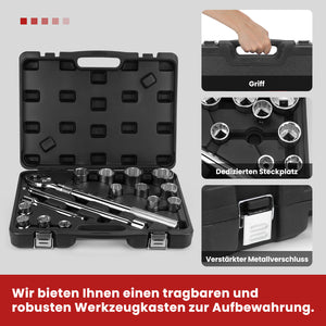 16-teiliger 3/4 Zoll Steckschlüsselsatz CR-V Stahl, Teleskop-Ratsche, 12-Kant Nüsse 19-50mm, Koffer für LKW Kfz-Reparaturen
