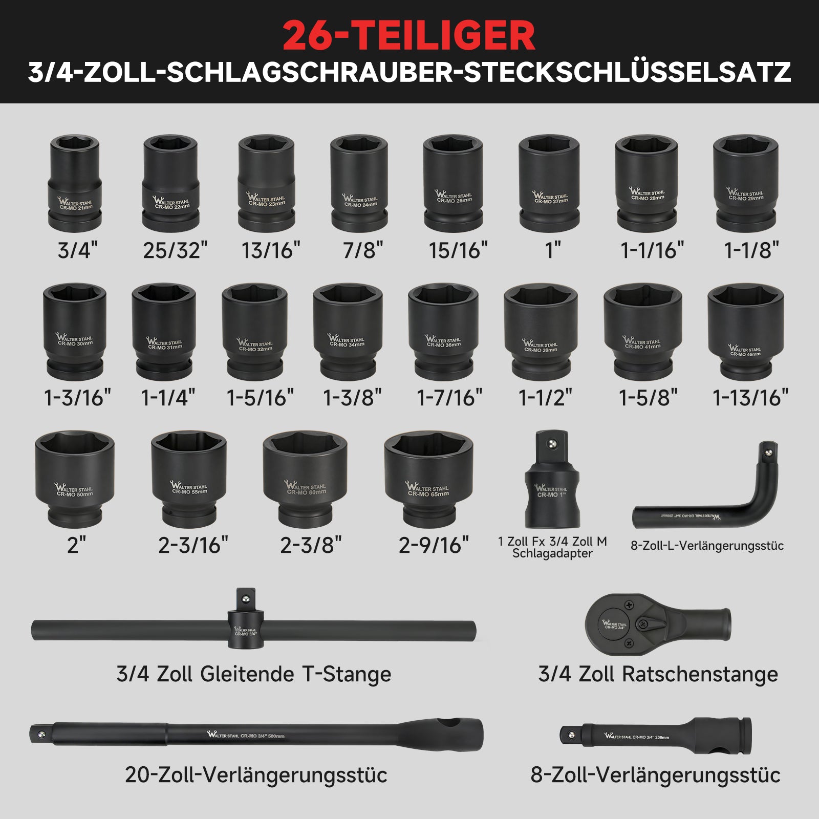 26-tlg. 3/4 Zoll Schlagschrauber Steckschlüsselsatz Cr-Mo SAE mit Zubehör für LKW, Traktoren und US-Fahrzeuge