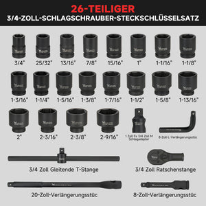 26-tlg. 3/4" Schlagschrauber Steckschlüsselsatz Cr-Mo SAE | Kraftnuss-Set für LKW & Traktoren