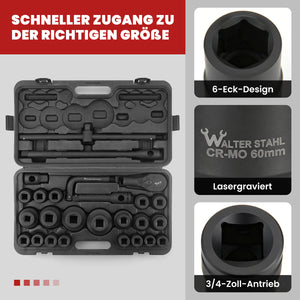 26-tlg. 3/4" Schlagschrauber Steckschlüsselsatz Cr-Mo SAE | Kraftnuss-Set für LKW & Traktoren