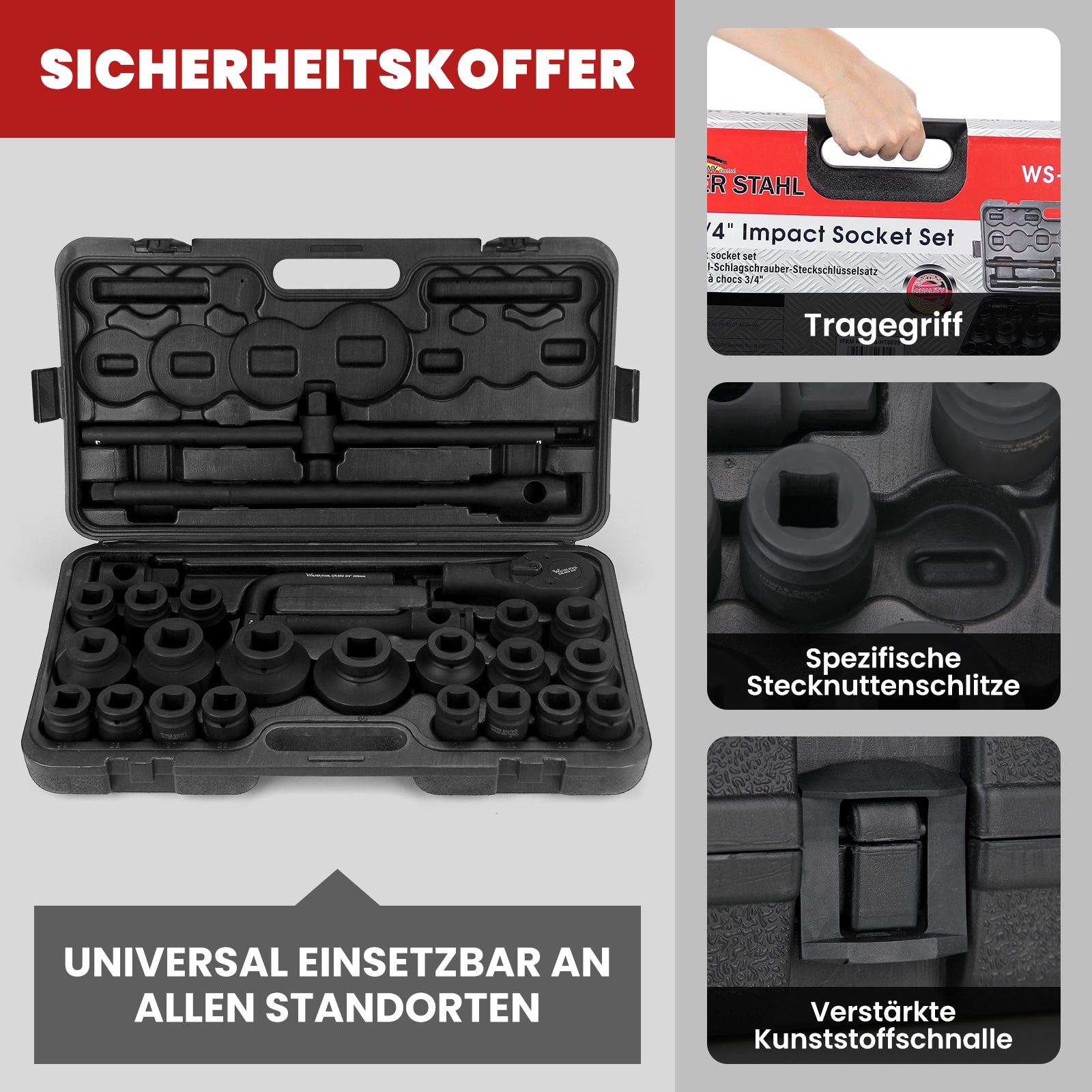 26-tlg. 3/4 Zoll Schlagschrauber Steckschlüsselsatz Cr-Mo SAE mit Zubehör für LKW, Traktoren und US-Fahrzeuge