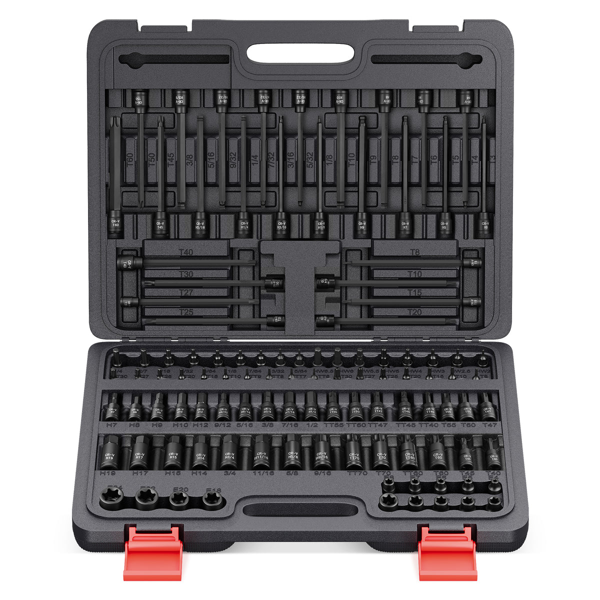 107-tlg. Schlagsteckschlüsselsatz 1/4" 3/8" 1/2" | CR-V Stahl | Torx, E-Torx & Sechskant Bit-Stecknüsse im robusten Koffer